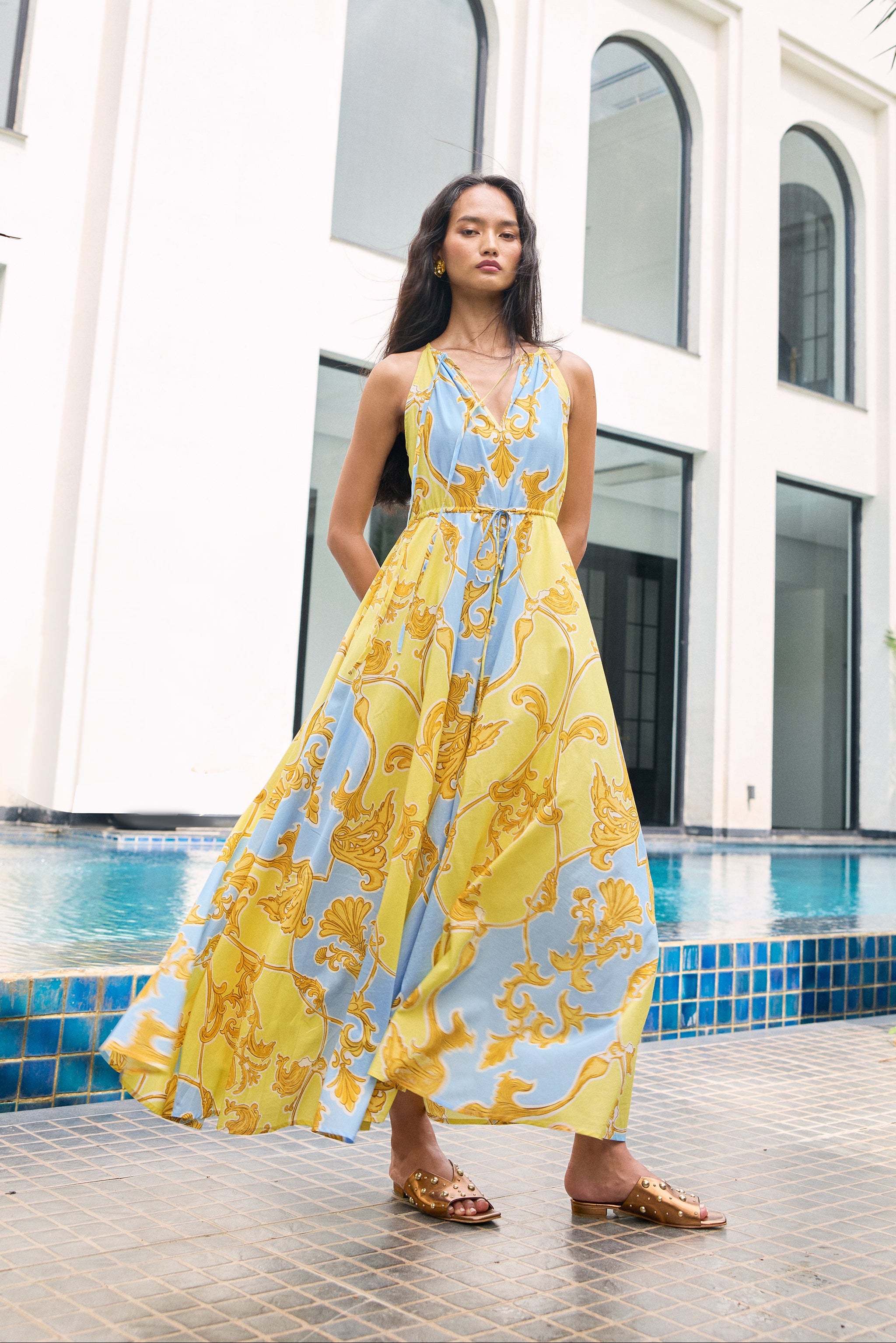 maxi dress ashburn Sirens Sky Marina Cotton Voile Classic maxi dress with bow detail Size:12 - 18 months Finished this year's Christmas Asymmetric pleating on waist