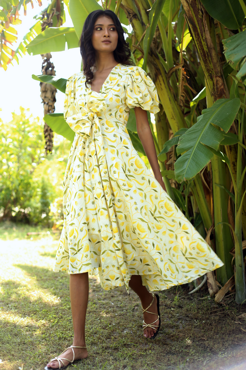 1932 LOLA- YELLOW MANGROVE - HAND-PRINTED DRESS – Beyond by Vera